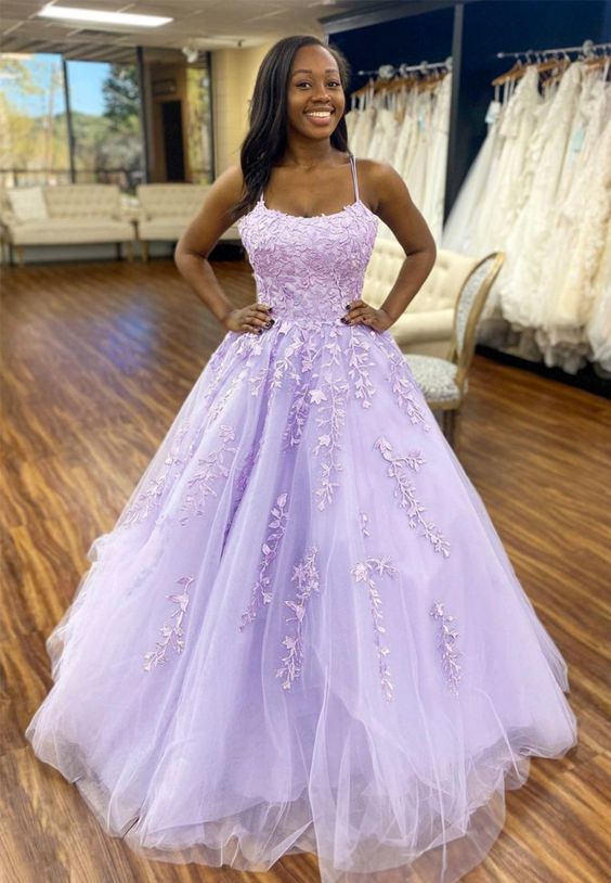 Purple Lace Long A-Line Prom Dresses, Purple Graduation Dresses Y1757