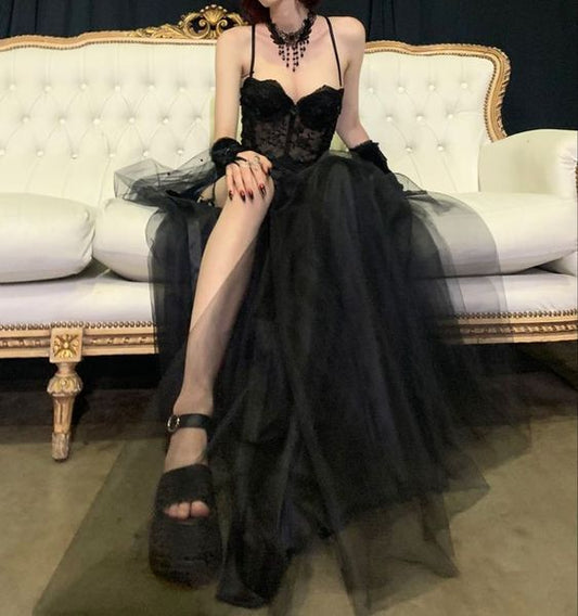 Gothic Black Spaghetti Straps Tulle Prom Dress,Charming Evening Dress Y1766