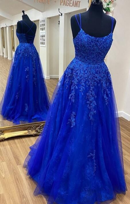 Blue Tulle Lace A-line Scoop Spaghetti Straps Prom Dresses, Evening Dress Y1816