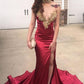 Charming Prom Dresses Burgundy Elastic Satin Side Slit Sweetheart With Gold Appliques Y554