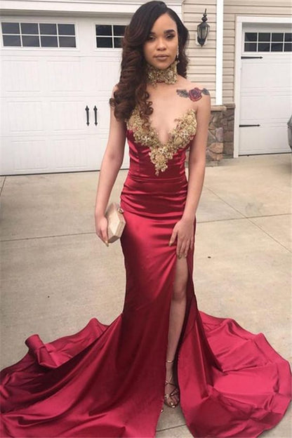 Charming Prom Dresses Burgundy Elastic Satin Side Slit Sweetheart With Gold Appliques Y554