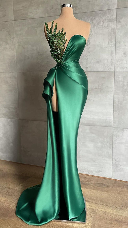 Plunging V-Neck Beads Long Formal Evening Dress Emerald Green Evening Gown High Split Y596