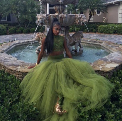 Olive Green Two Pieces Prom Dresses Lace Bodice African Girl Black Girl Evening Dress Y534
