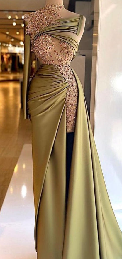 One Sleeve Mermaid Olive Green Satin Long Prom Dress Charming Evening Dress Y520