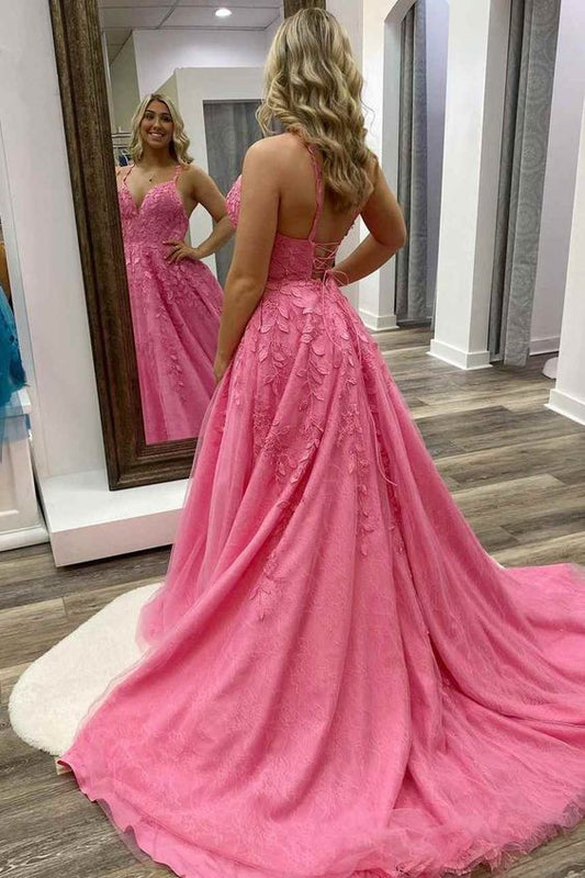 Hot Pink A-line Lace Appliques Prom Dress Y654