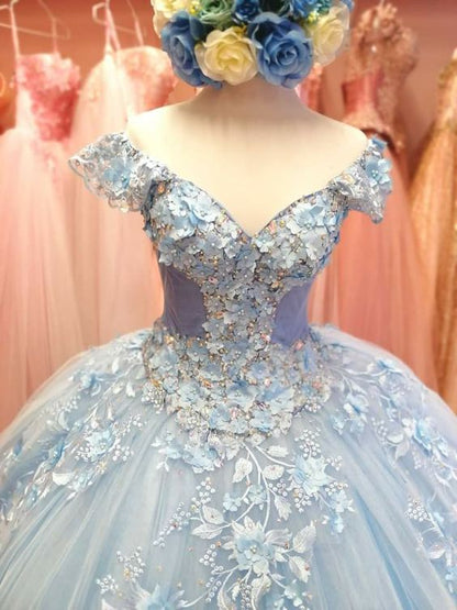 Winter Wonderland Light Blue Tulle Appliques Ball Gown Sweet 16 Dress Y601