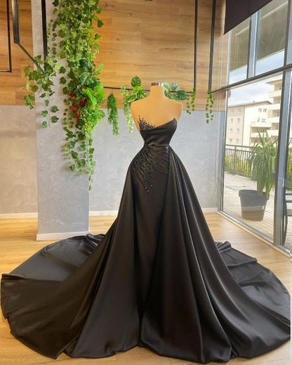 Black Satin Long Prom Dress Charming Evening Dress With Train Y594