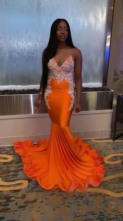 Sexy Orange Mermaid Evening Dresses With Appliques Y549