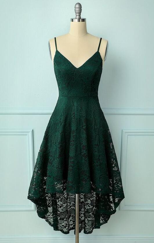 High low Dark Green Spaghetti Straps Lace Short Prom Dress A-line Dark Green Graduation Dress Y669