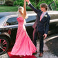 Sweet pink satin prom dresses spaghetti straps sheath long evening dress Y538