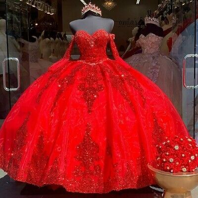 Red Organza Sweet 16 Quinceanera Dresses Sequins Applique Beaded Sweetheart Ball Gown S26634