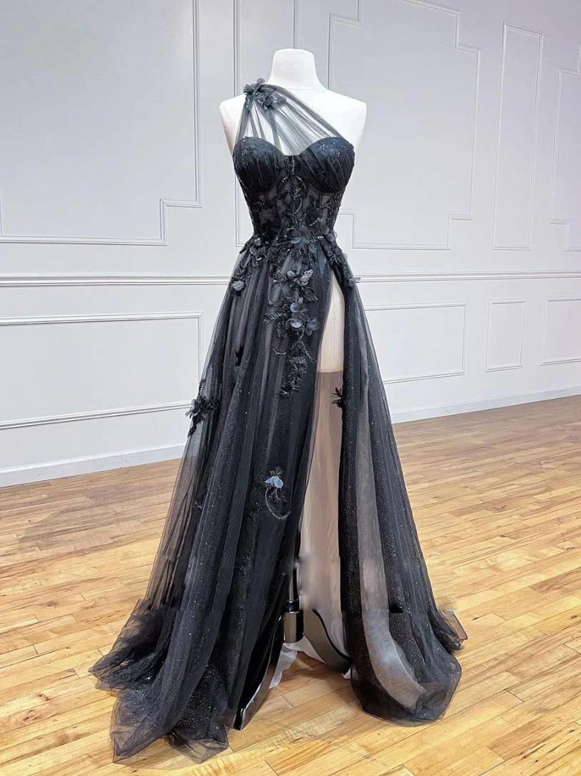 Black Tulle One Shoulder Long Prom Dress with Leg Slit, Black Evening Gown Y1146