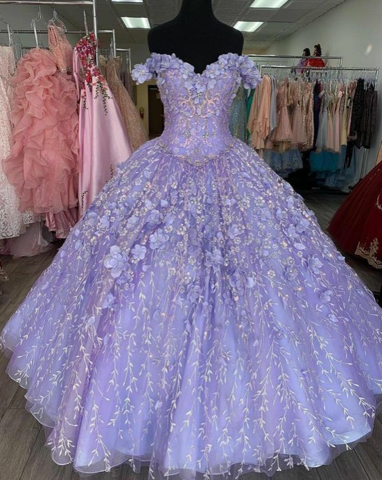 Lavender Off Shoulder Ball Dresses Quinceanera Dress Sweet 16 Dresses 3D Floral Lace Appliques Y500