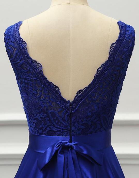 Custom Made Royal Blue Lace A Line Long Prom Dresses Cheap Prom Party Gowns ,Sexy Prom Gowns  Y1194