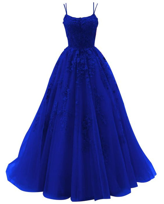 Spaghetti Strap Prom Dress Lace Appliques Wedding Tulle Long Dress Princess Formal Evening Gowns Y1202