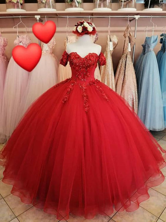 Generous Red A-line Tulle Lace Ball Gown,Sweet 16 Dress Y1221