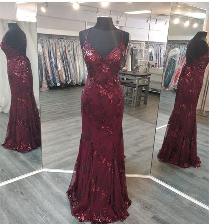 V Neck Maroon Prom Dresses Evening Gowns with Sequin Appliques Y1214