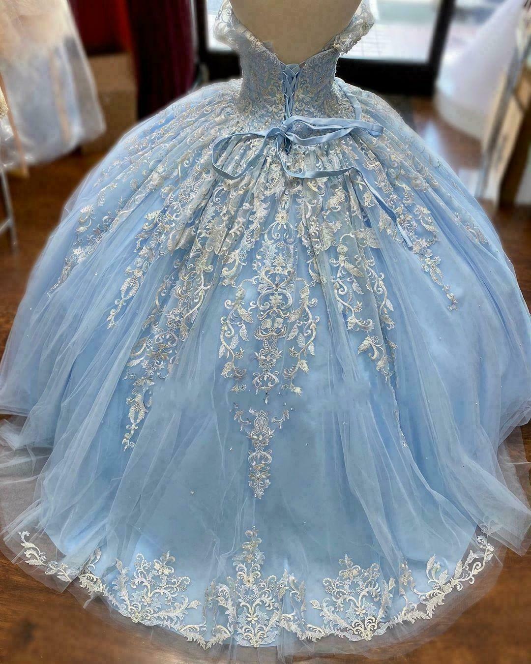 Winter Wonderland Blue Ball Gown Quinceanera Dress Blue Tulle Lace Ball Gown Y674