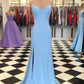 Blue Mermaid Satin Long Prom Dress With Side Slit,Elegant Blue Evening Dress Y687