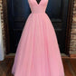 Sparkly Spaghetti Straps A-line Pink Floor Length Prom Dress Pink Graduation Dress Formal Gown Y681