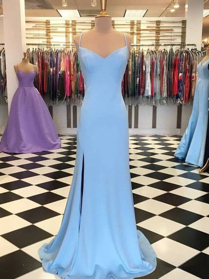 Blue Mermaid Satin Long Prom Dress With Side Slit,Elegant Blue Evening Dress Y687