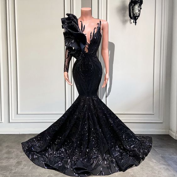 black prom dresses, mermaid prom dresses, ruffle prom dresses,sequins prom dresses, custom make evening dresses Y1868